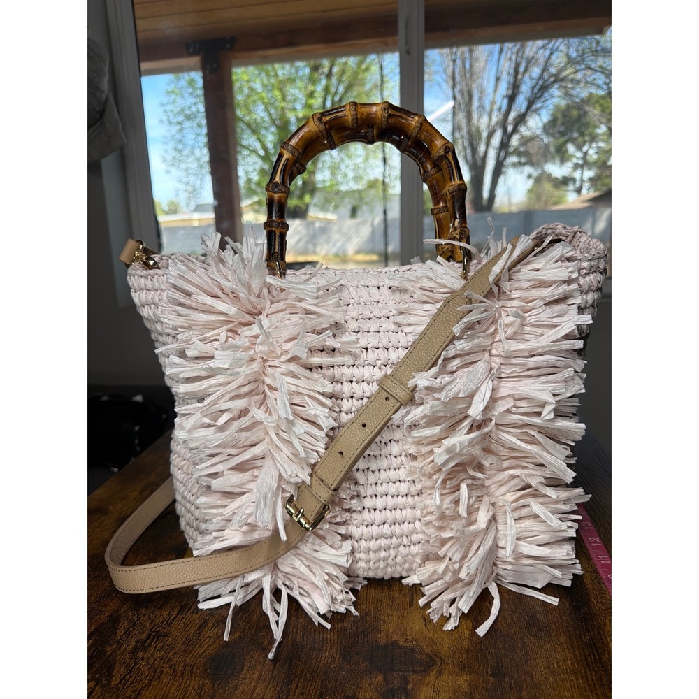 Chicos Pink Raffia Crochet Fringe Bag Bamboo Handle Crossbody Tote - Picture 3 of 15